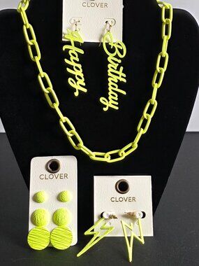 Clover Neon Yellow Birthday Necklace Earrings 80s Costume NWT
